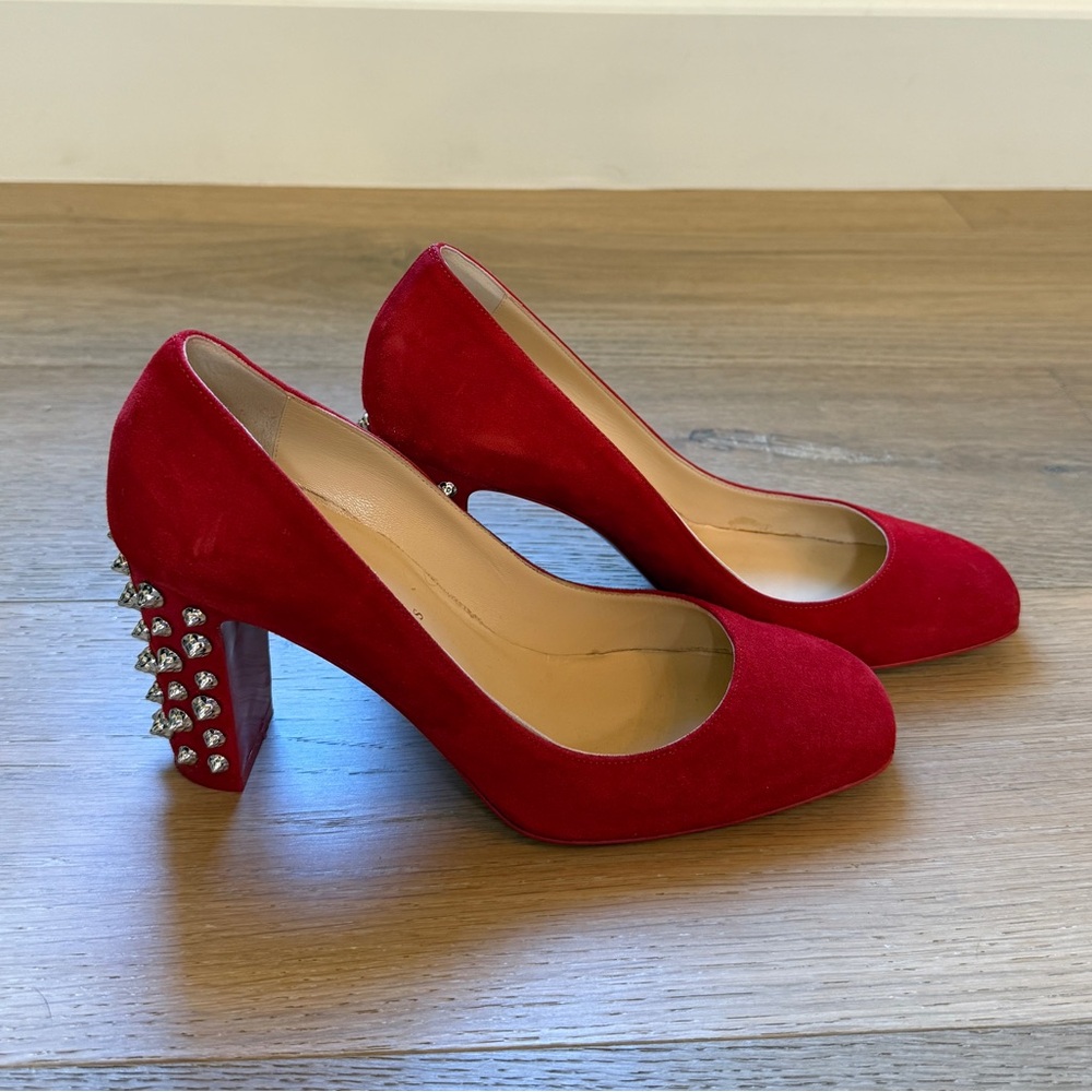 Christian Louboutin Red Suede Pumps with Studded Detail